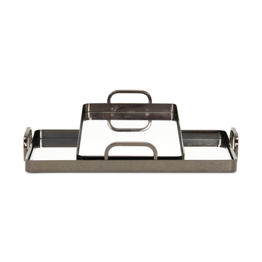 Set of Two Pewter Aluminum And Mirrored Glass Handmade Serving Trays - Loft&Timber
