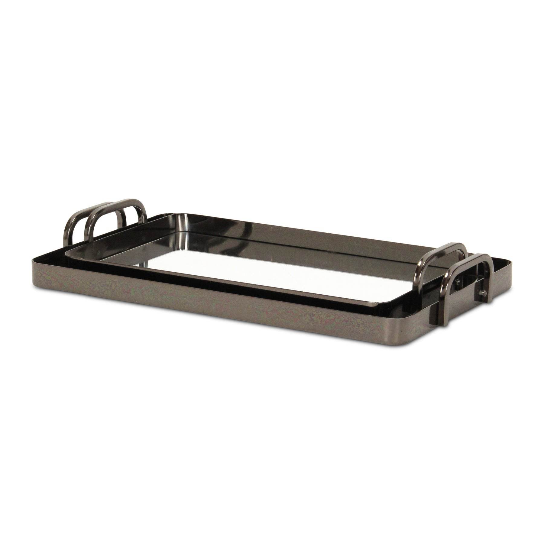Set of Two Pewter Aluminum And Mirrored Glass Handmade Serving Trays - Loft&Timber