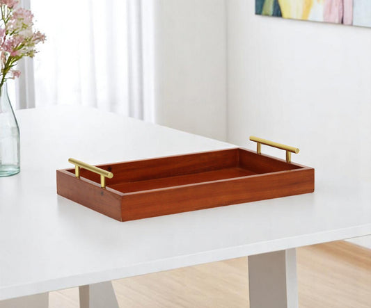 16" Brown And Gold Solid Wood Handmade Serving Tray With Handles - Loft&Timber