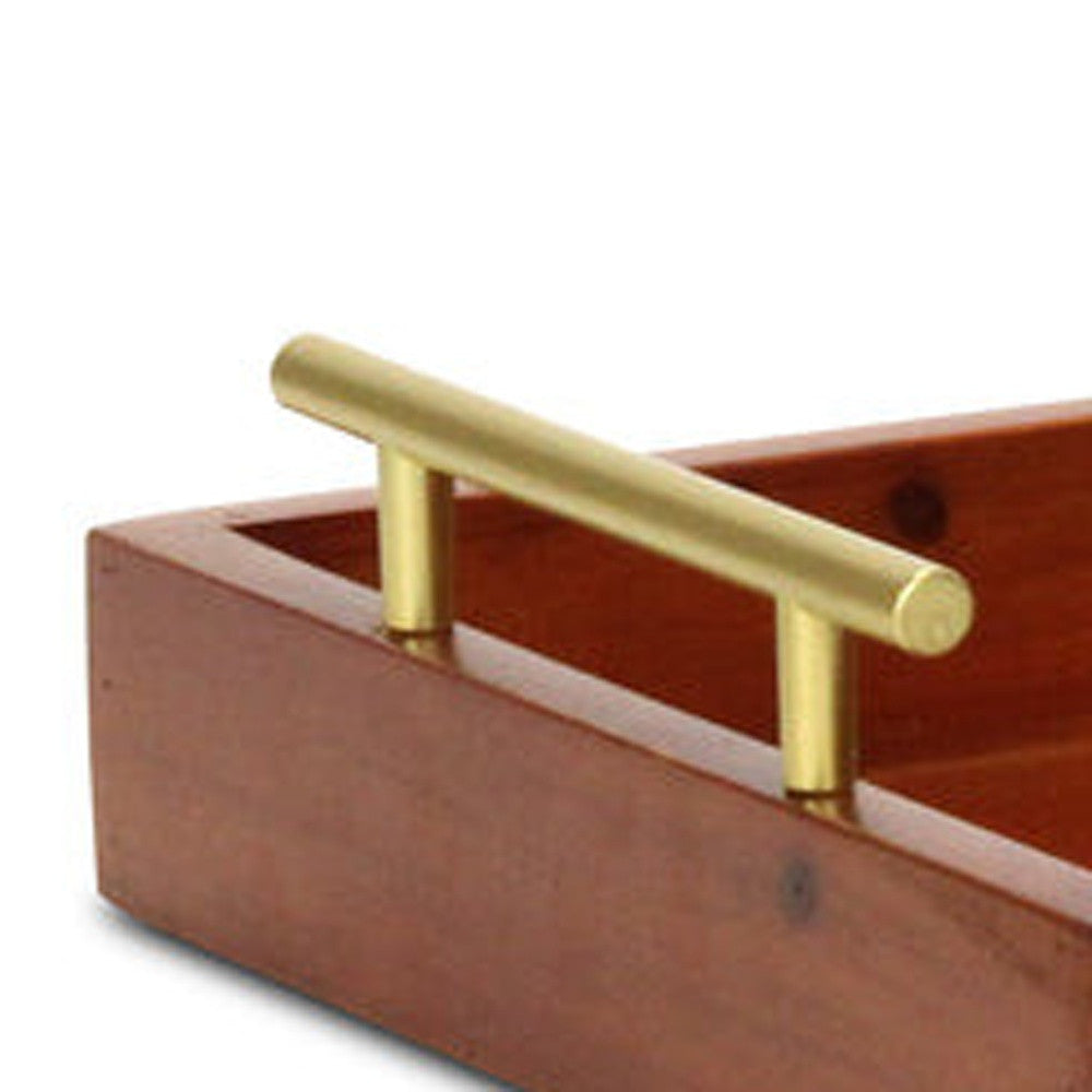 16" Brown And Gold Solid Wood Handmade Serving Tray With Handles - Loft&Timber