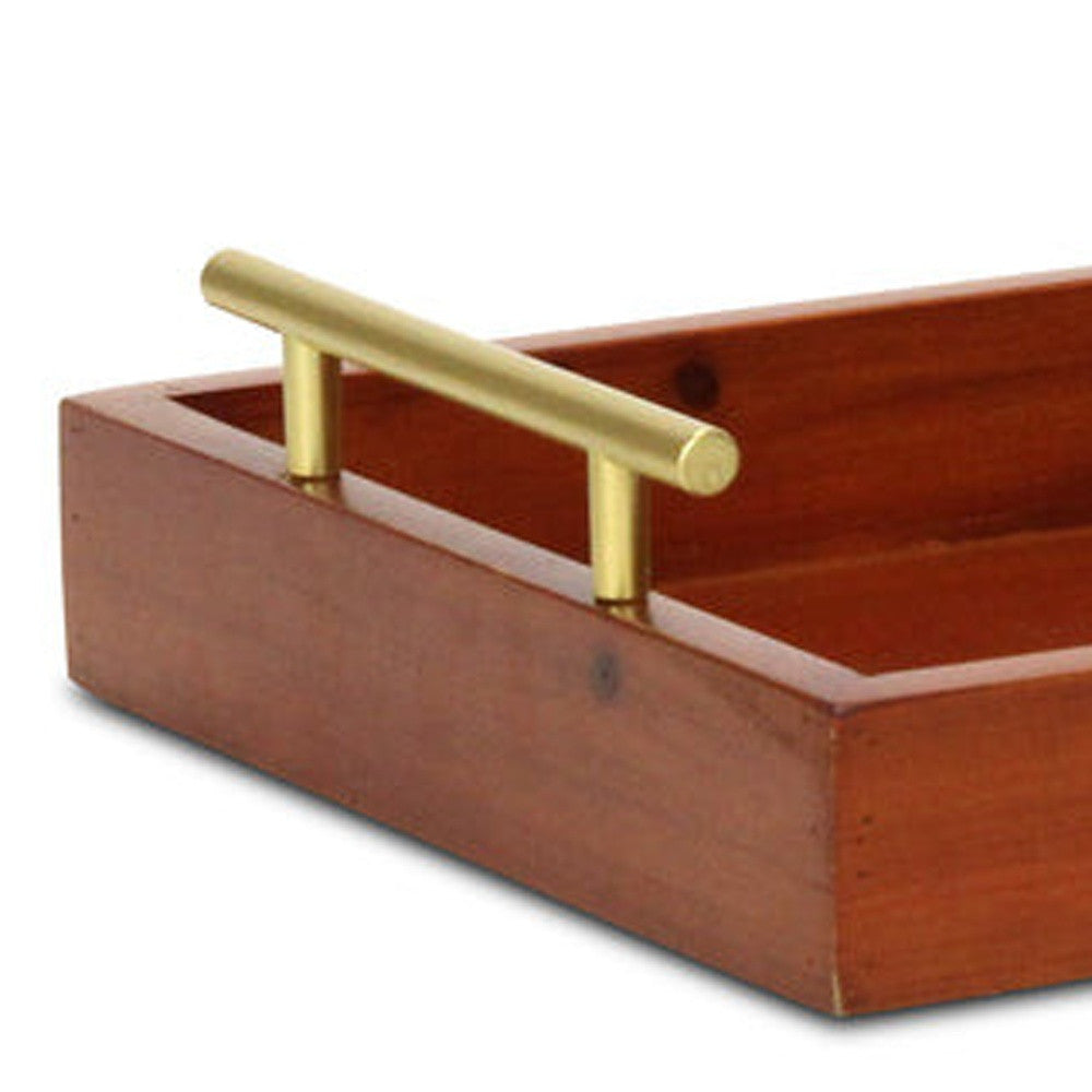 16" Brown And Gold Solid Wood Handmade Serving Tray With Handles - Loft&Timber