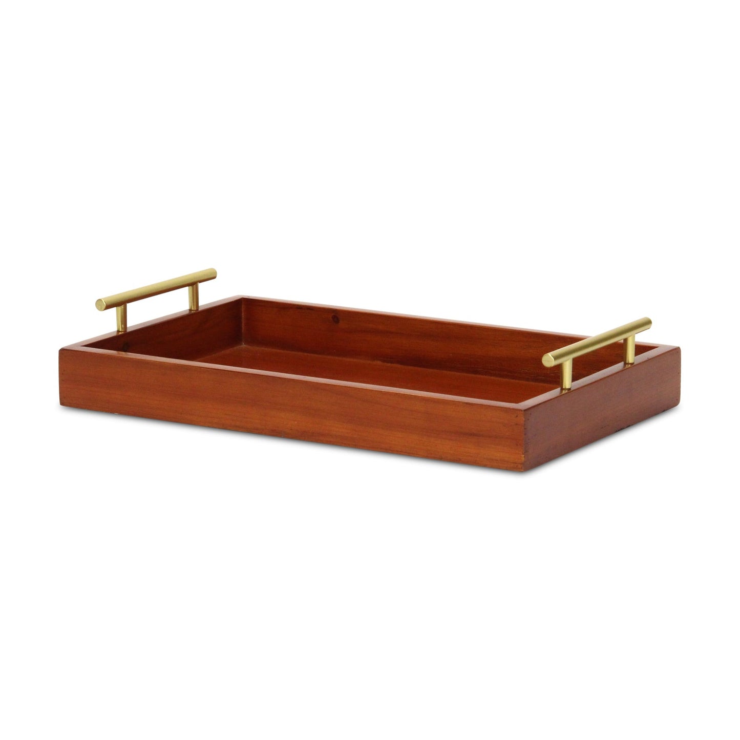 16" Brown And Gold Solid Wood Handmade Serving Tray With Handles - Loft&Timber
