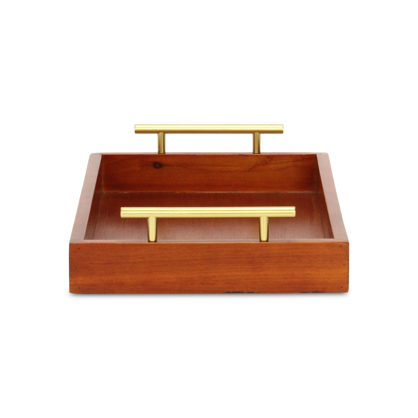 16" Brown And Gold Solid Wood Handmade Serving Tray With Handles - Loft&Timber