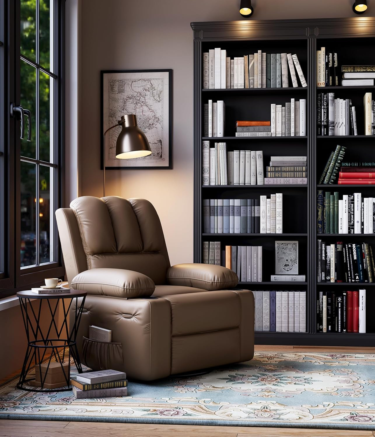 22'' Rocker Swivel Recliner Chair, Lazy Recliner for Adults, with 1.5X Sponge Filling, Side Pocket, and Cup Holder, for Living Room, Bedroom, and Nursery, Tan-2