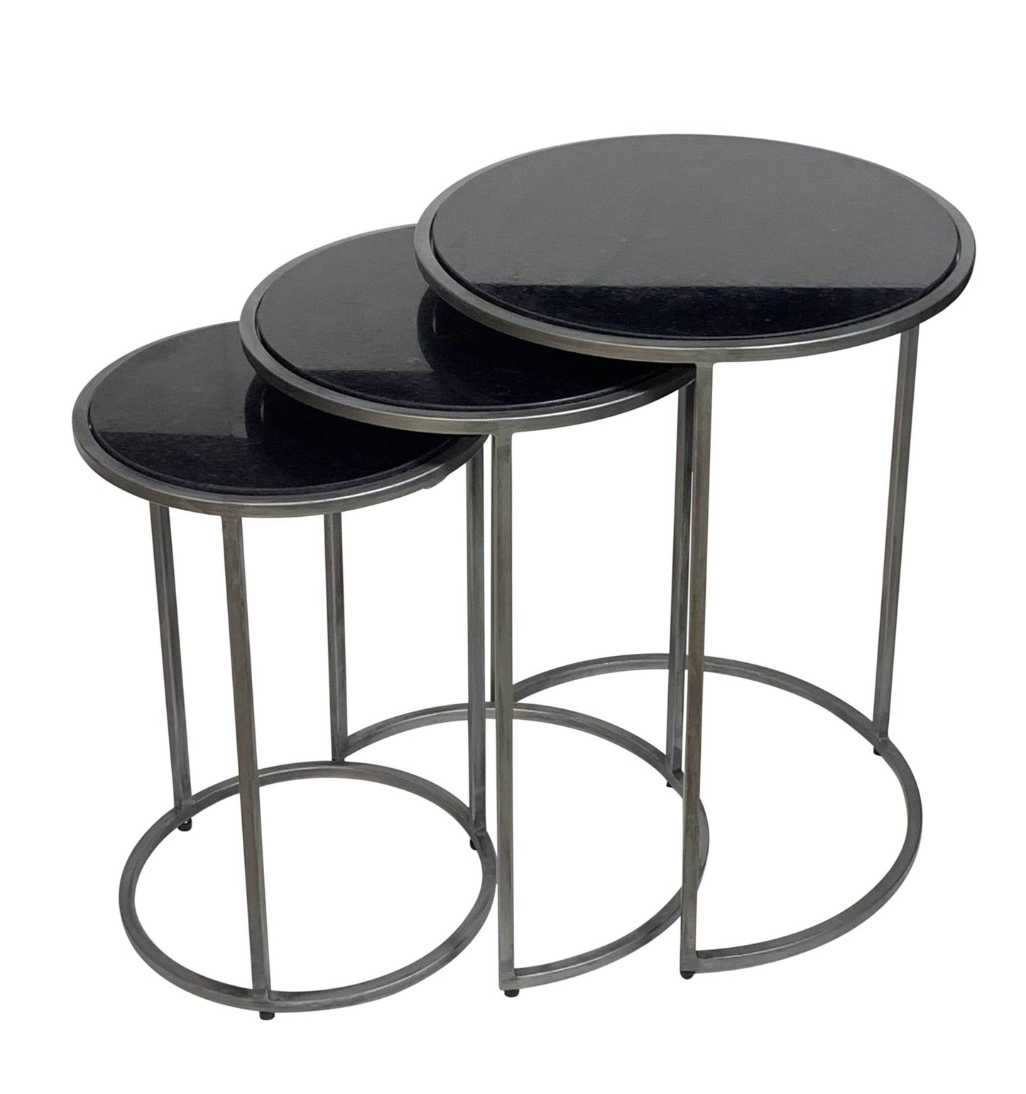 Set of Three Black and Gray Marble and Iron Round Frame Nested Tables - Loft&Timber