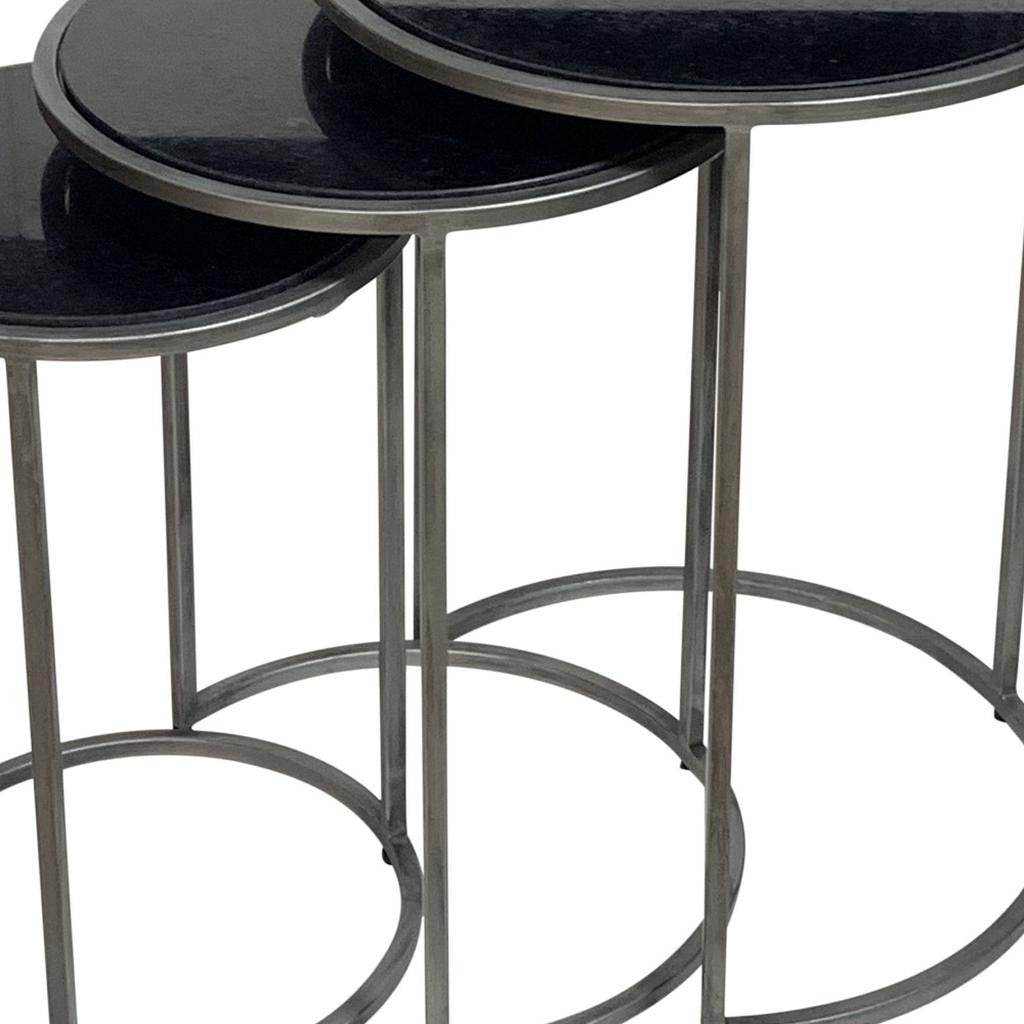 Set of Three Black and Gray Marble and Iron Round Frame Nested Tables - Loft&Timber