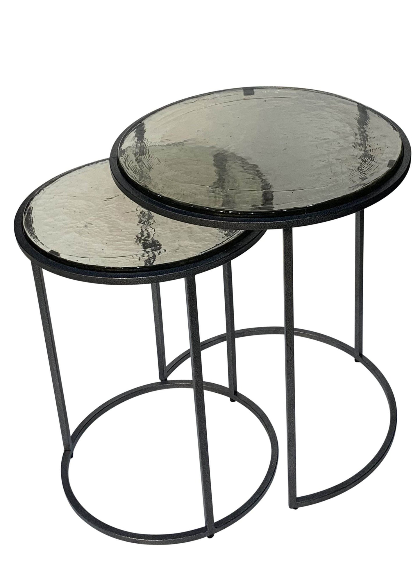 Set of Two Clear and Gunmetal Glass and Iron Round Frame Nested Tables - Loft&Timber