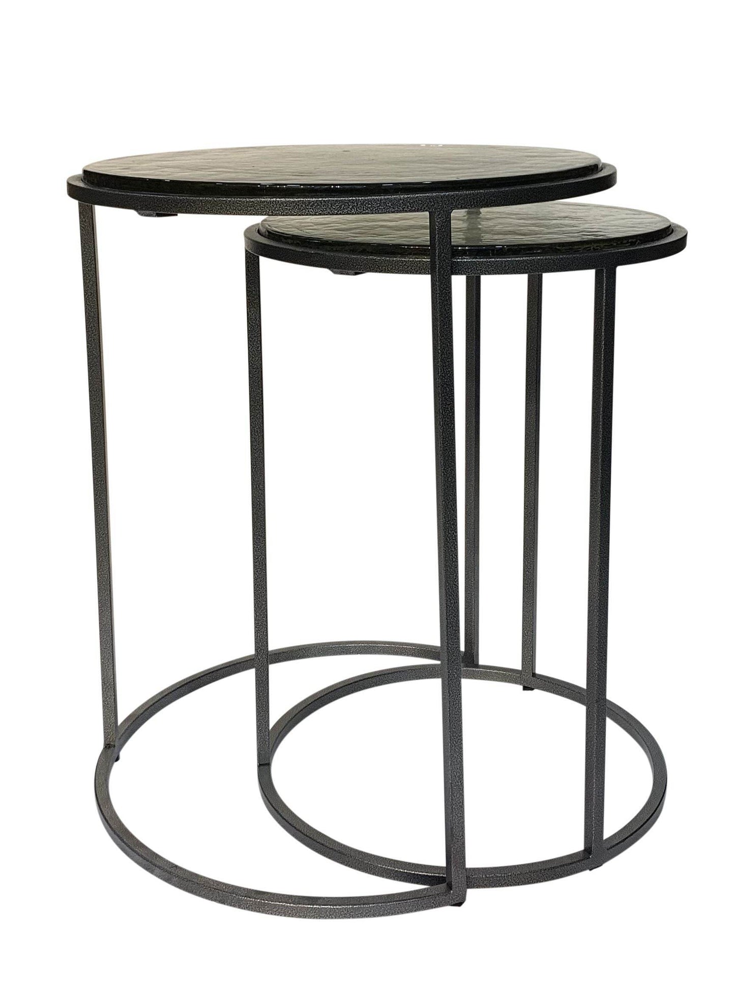 Set of Two Clear and Gunmetal Glass and Iron Round Frame Nested Tables - Loft&Timber