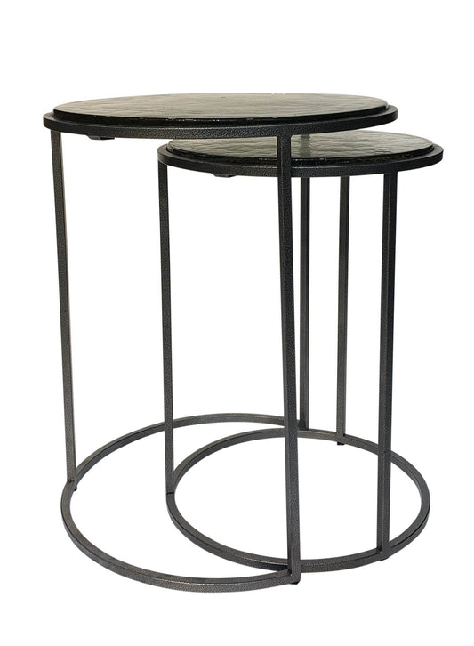 Set of Two Clear and Gunmetal Glass and Iron Round Frame Nested Tables - Loft&Timber