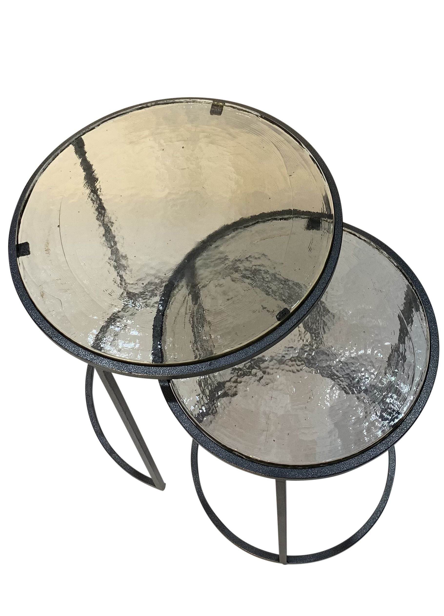 Set of Two Clear and Gunmetal Glass and Iron Round Frame Nested Tables - Loft&Timber