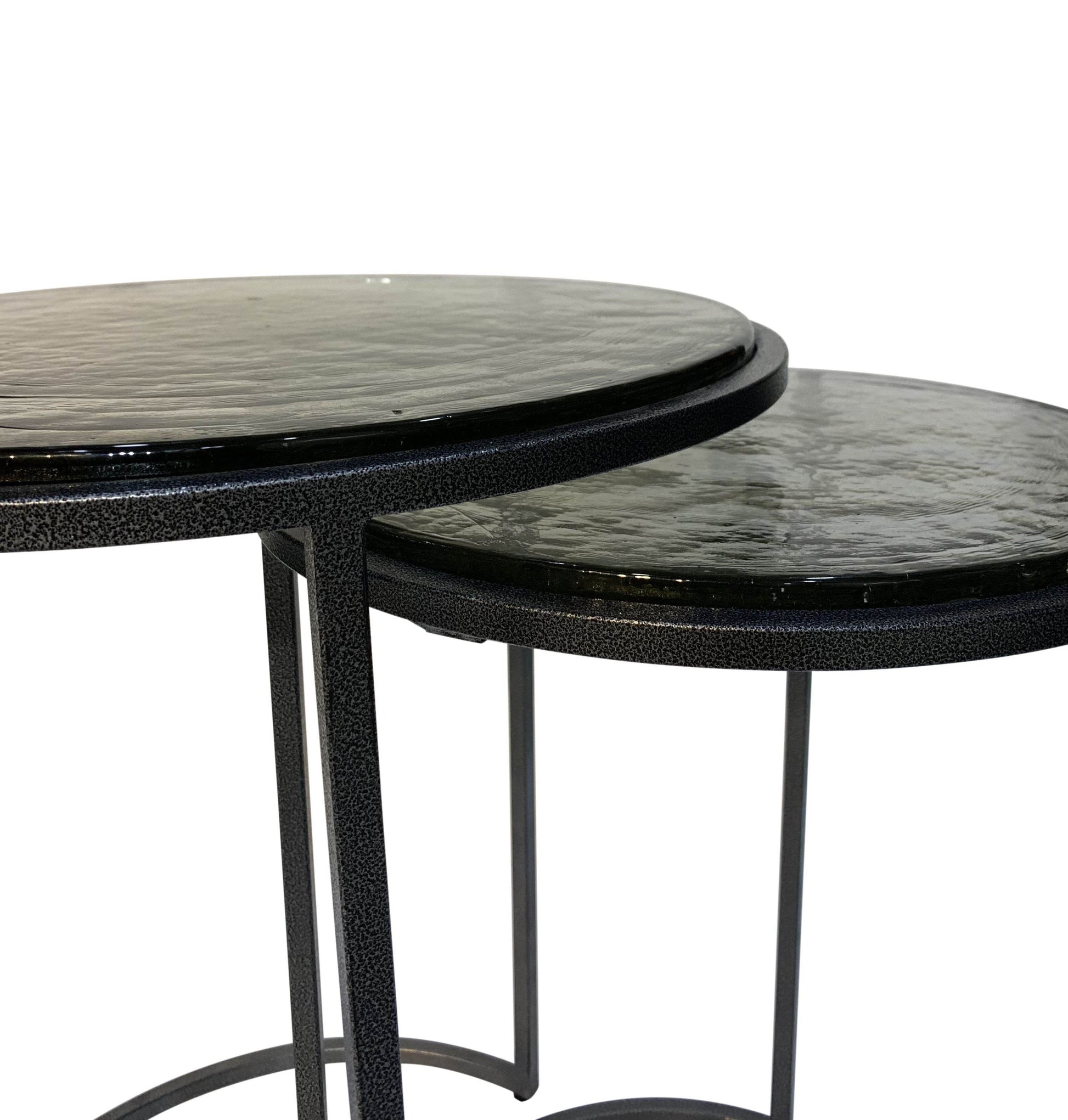 Set of Two Clear and Gunmetal Glass and Iron Round Frame Nested Tables - Loft&Timber