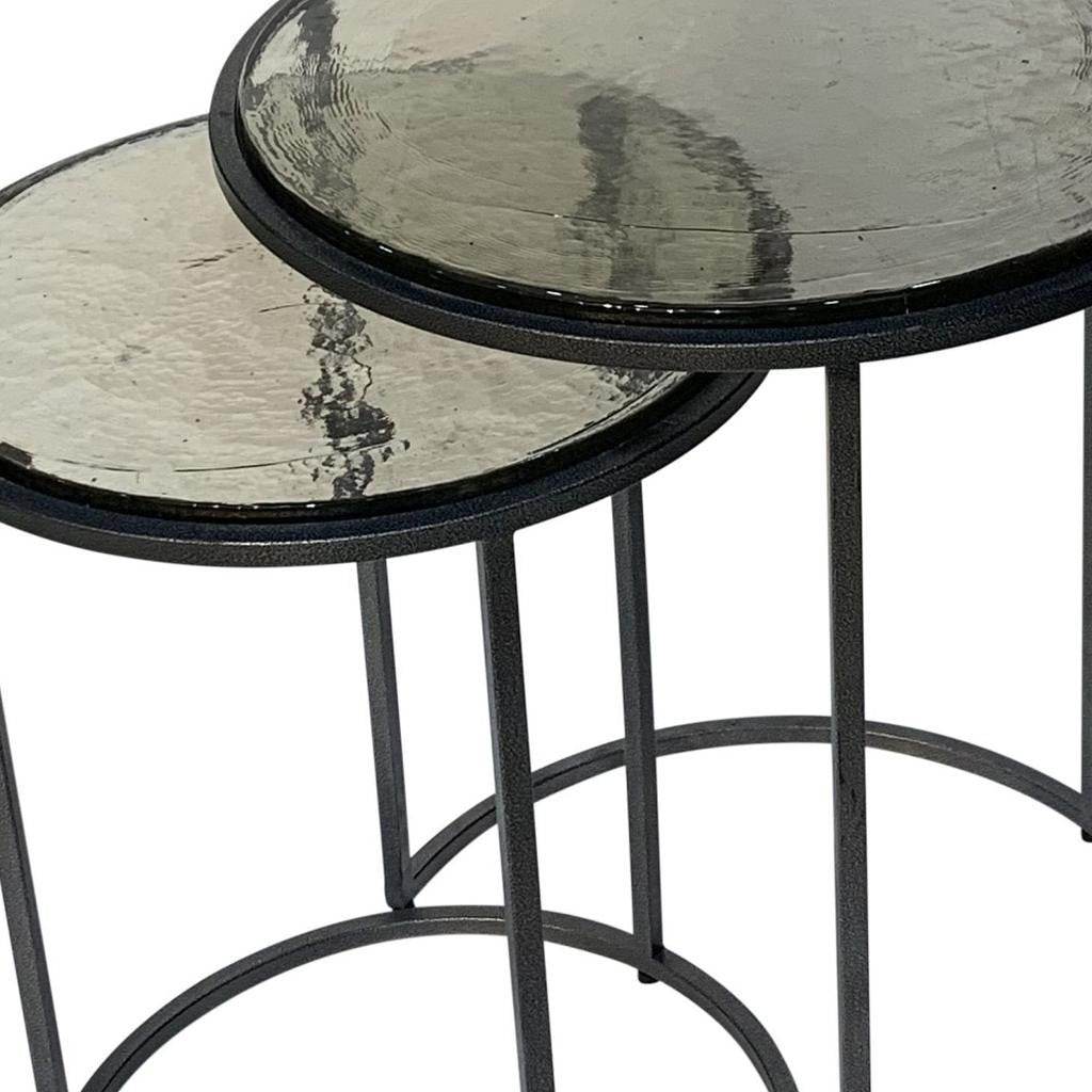 Set of Two Clear and Gunmetal Glass and Iron Round Frame Nested Tables - Loft&Timber