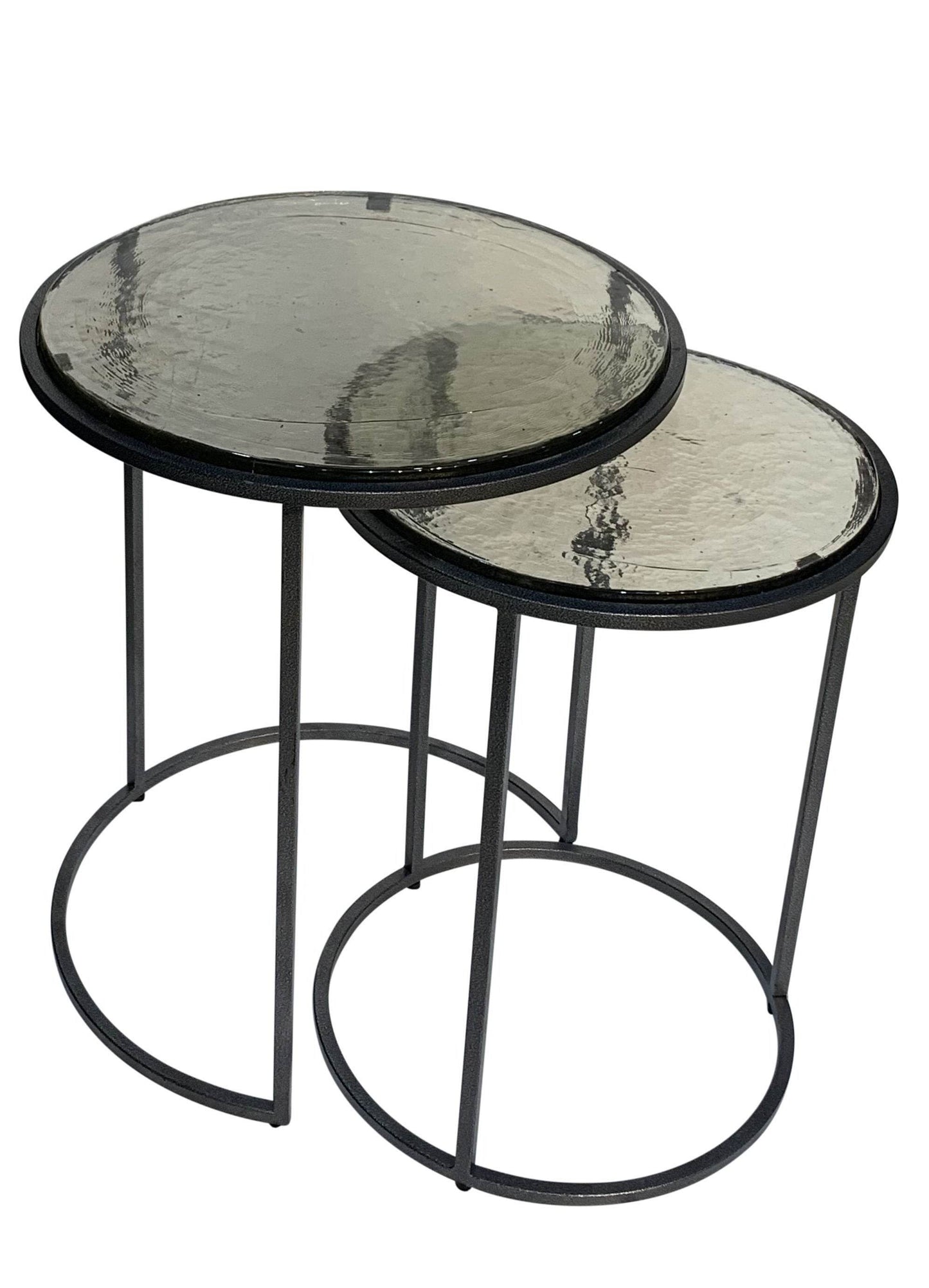 Set of Two Clear and Gunmetal Glass and Iron Round Frame Nested Tables - Loft&Timber