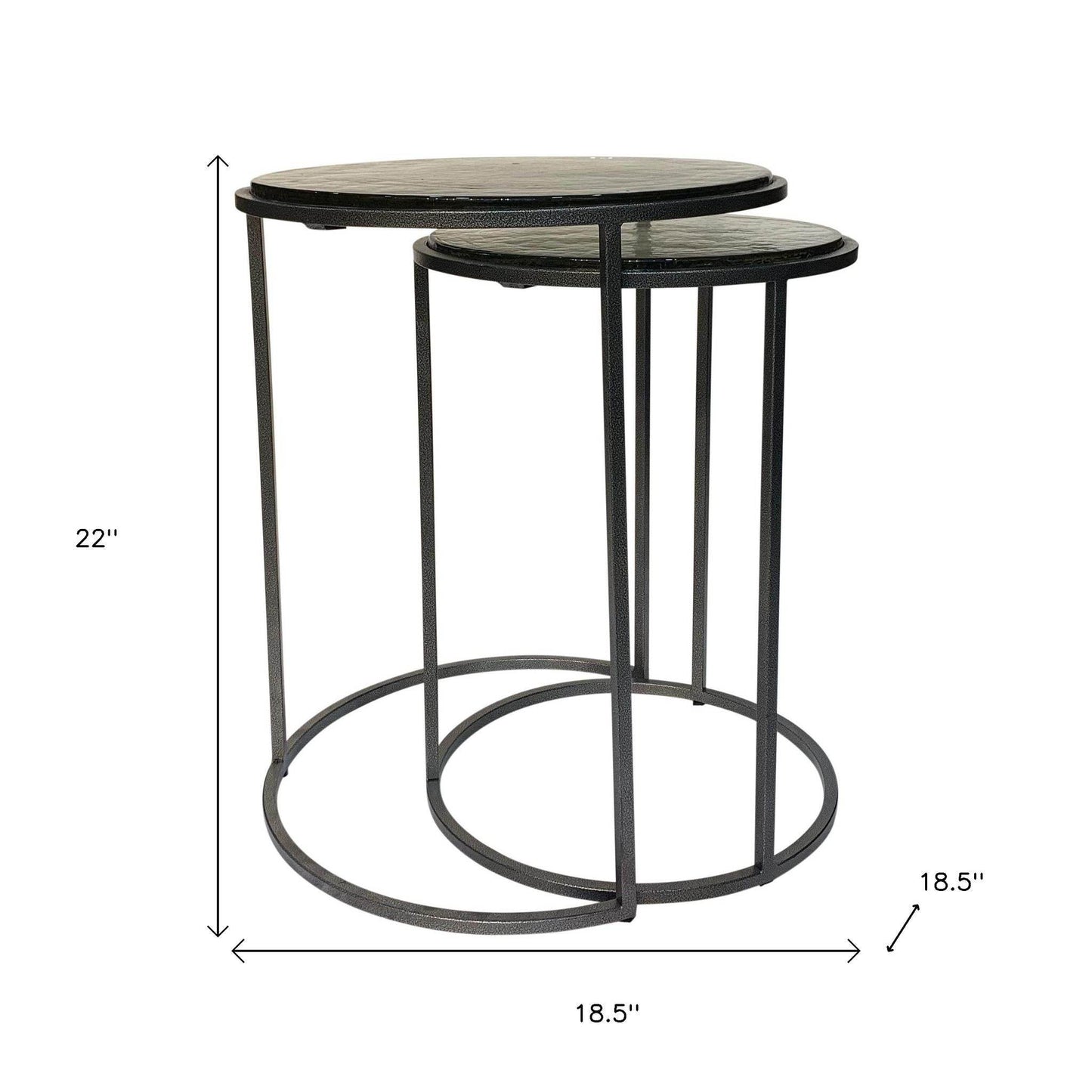 Set of Two Clear and Gunmetal Glass and Iron Round Frame Nested Tables - Loft&Timber