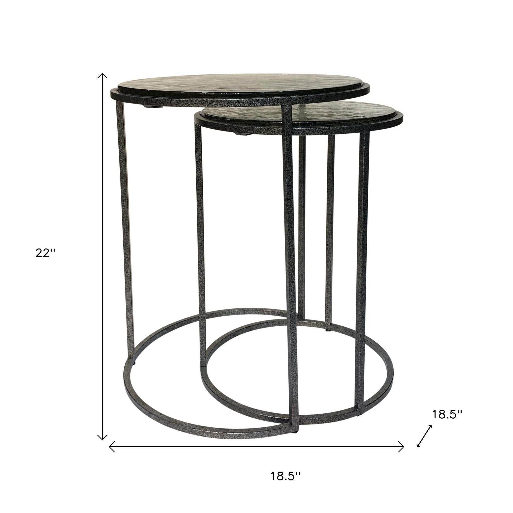 Set of Two Clear and Gunmetal Glass and Iron Round Frame Nested Tables - Loft&Timber