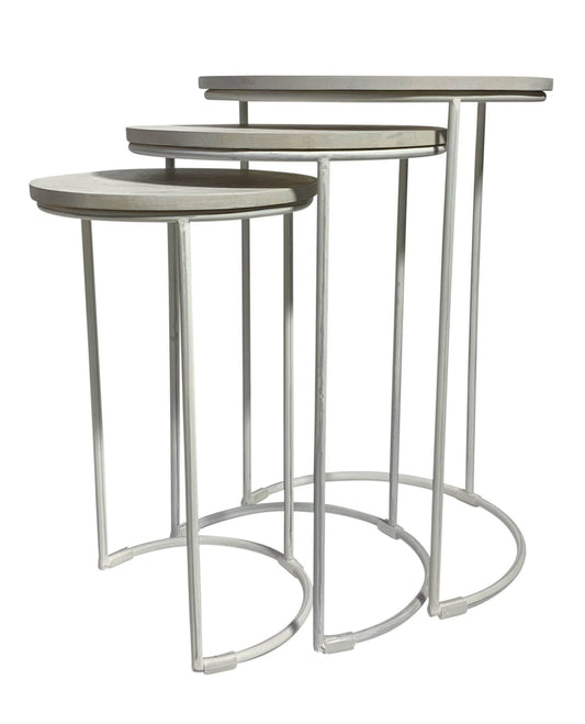 Set of Two White Solid Wood and Metal Round Frame Nested Tables - Loft&Timber