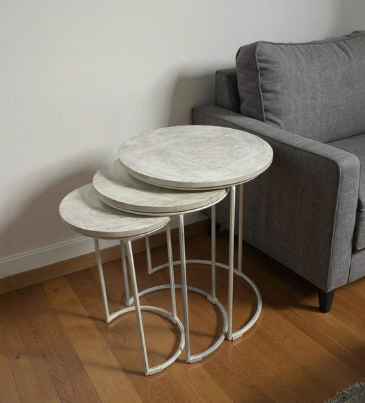 Set of Two White Solid Wood and Metal Round Frame Nested Tables - Loft&Timber
