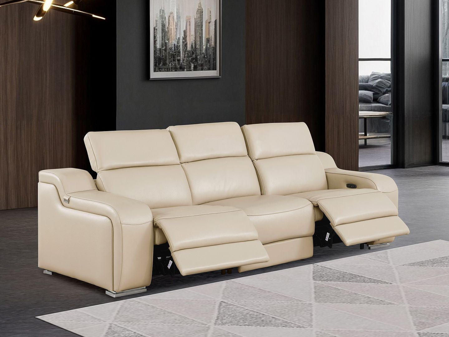 103" Beige Italian Leather Reclining USB Sofa-7