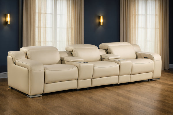 129" Beige Italian Leather Reclining USB Sofa-0