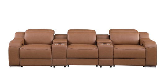 129" Chestnut Italian Leather Reclining USB Sofa-1