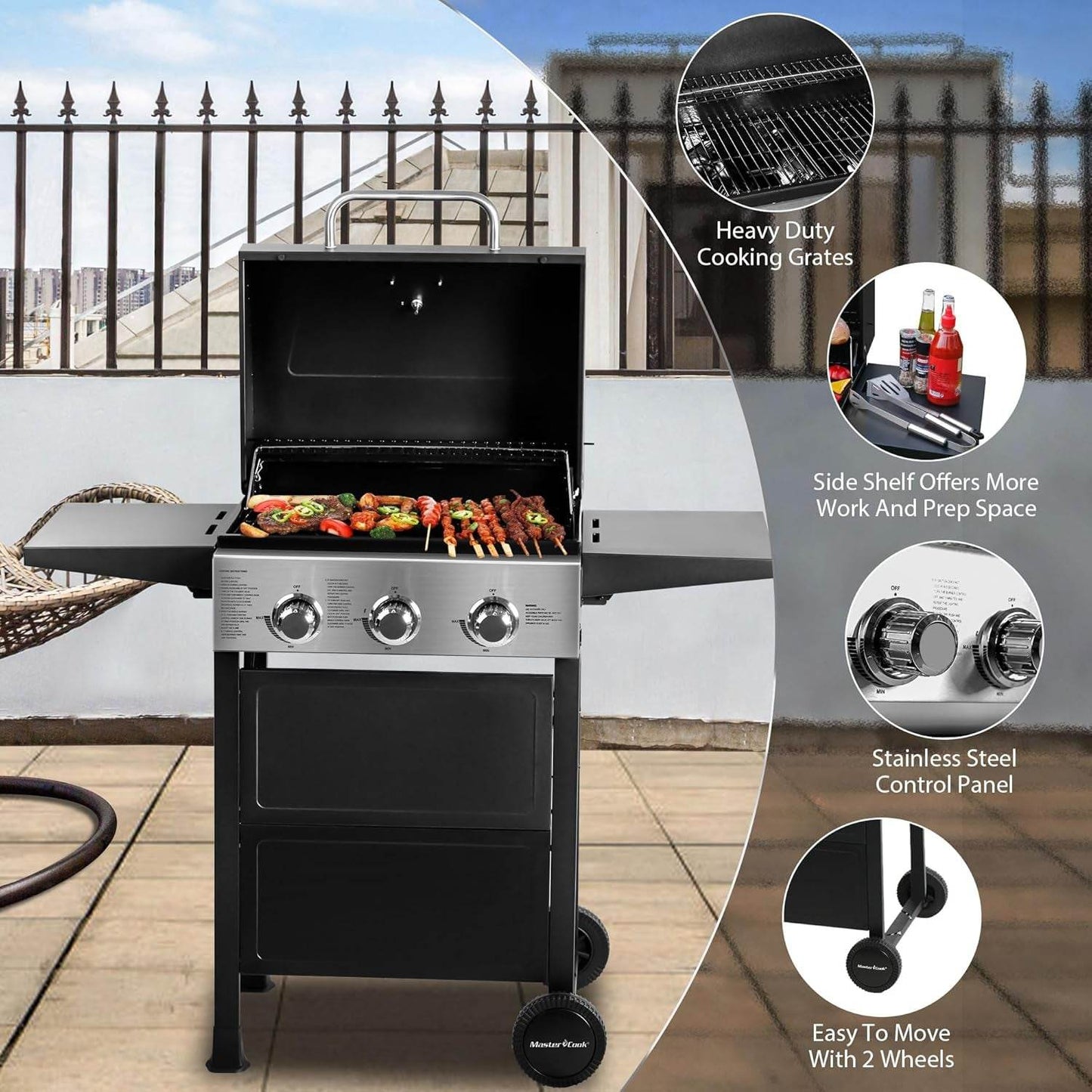 3-Burner Propane Grill Foldable Shelves, 30,000 BTU, Patio - Loft&Timber