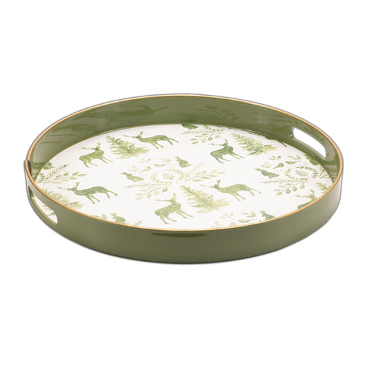 14" Green White And Gold Woodland Scene Round Serving Tray With Handles - Loft&Timber
