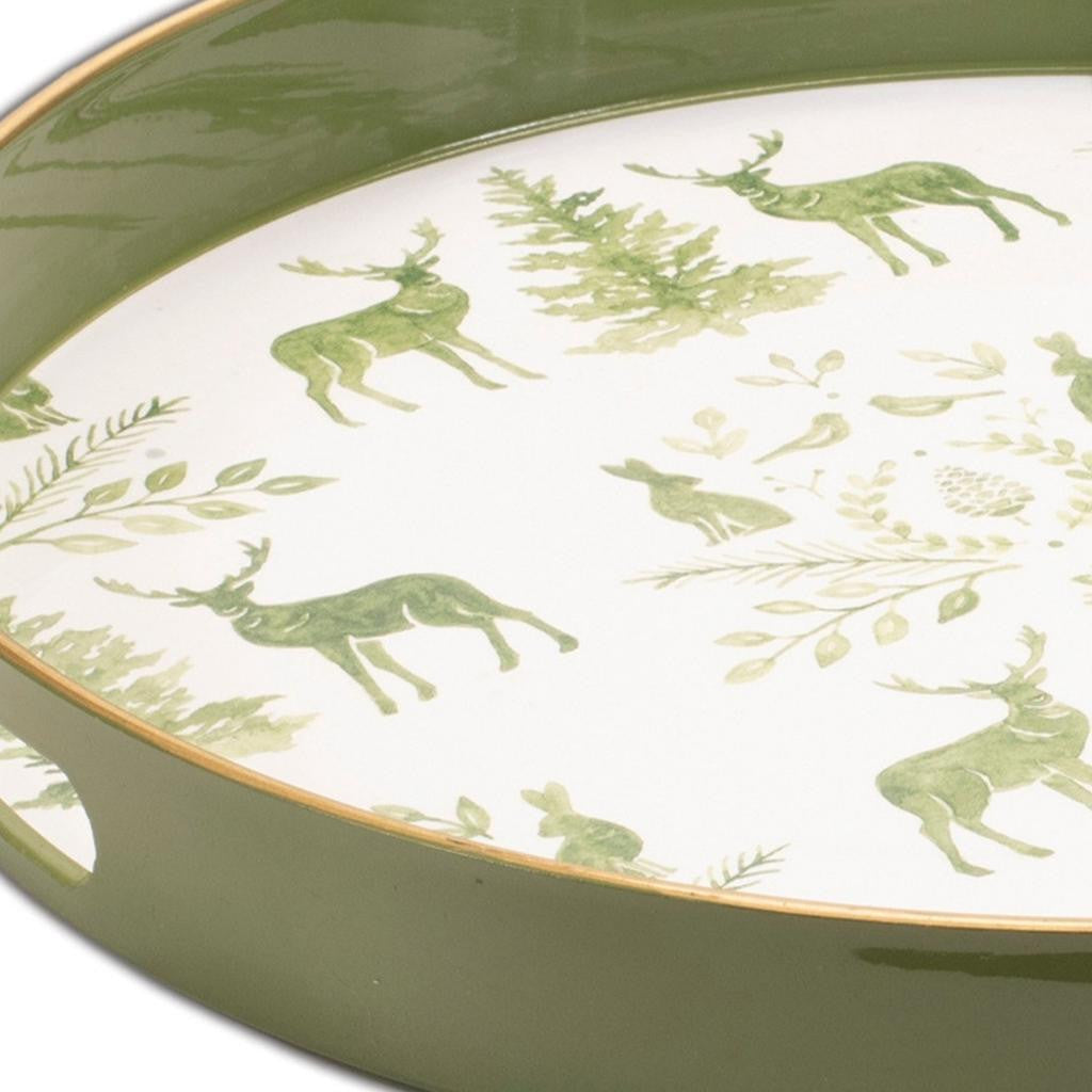 14" Green White And Gold Woodland Scene Round Serving Tray With Handles - Loft&Timber