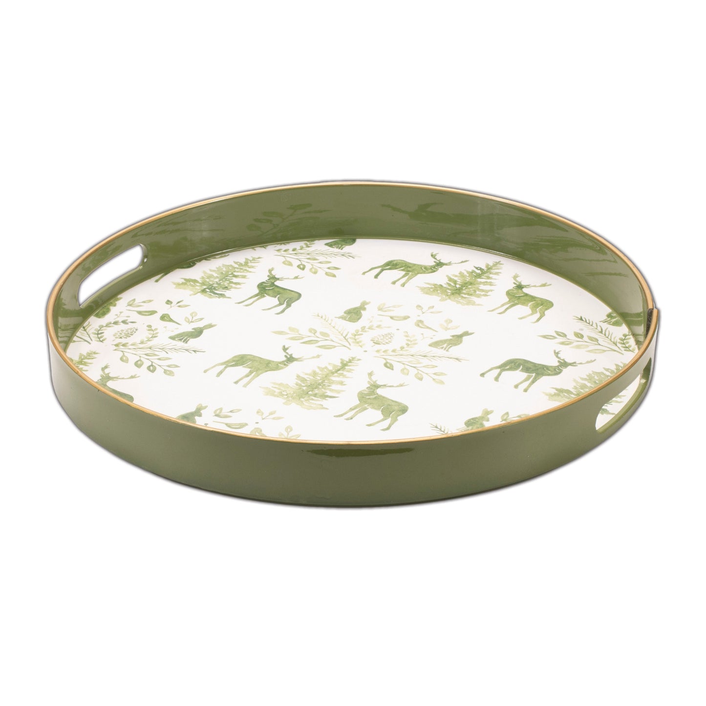 14" Green White And Gold Woodland Scene Round Serving Tray With Handles - Loft&Timber