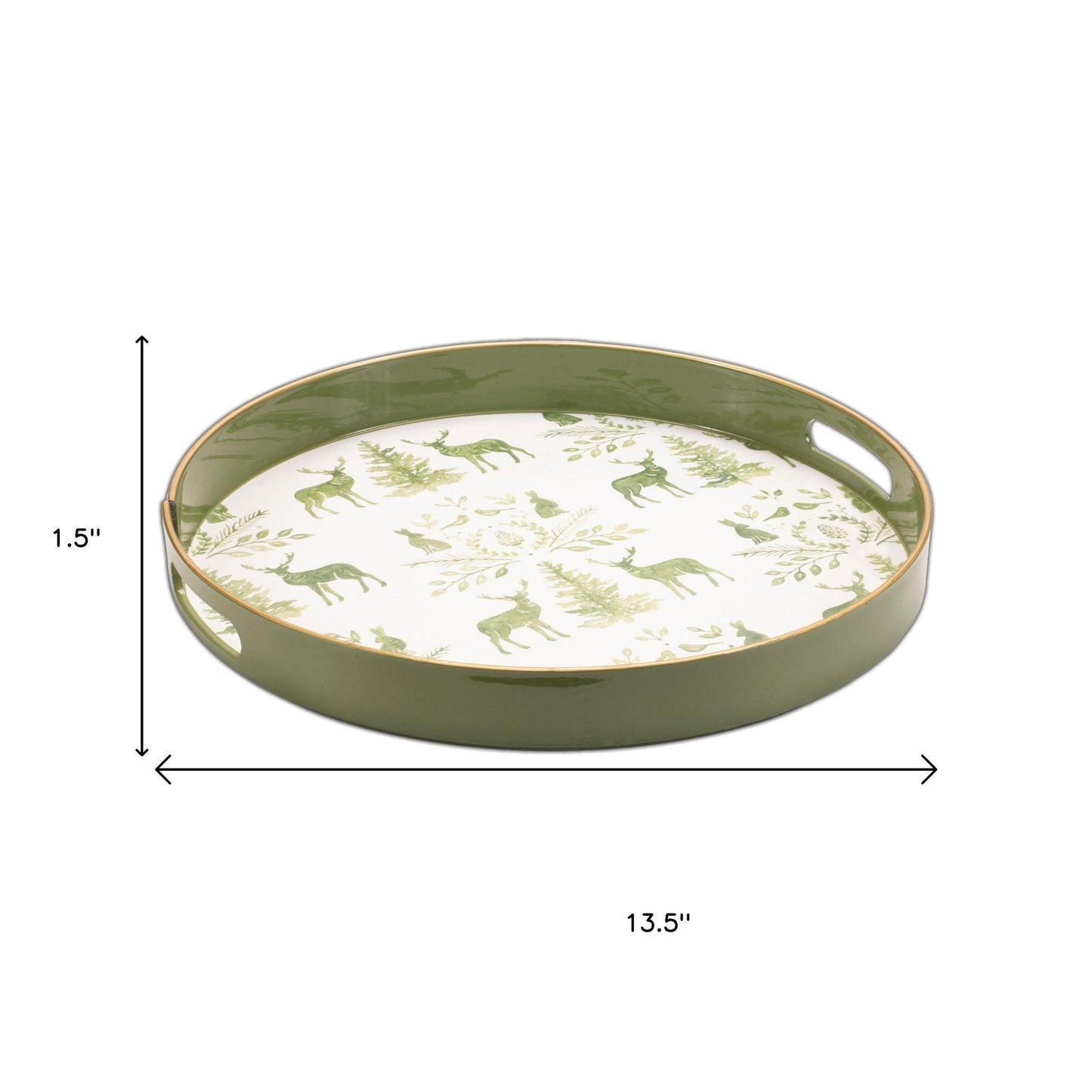 14" Green White And Gold Woodland Scene Round Serving Tray With Handles - Loft&Timber