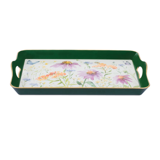 17" Green And White Watercolor Floral Serving Tray With Handles - Loft&Timber
