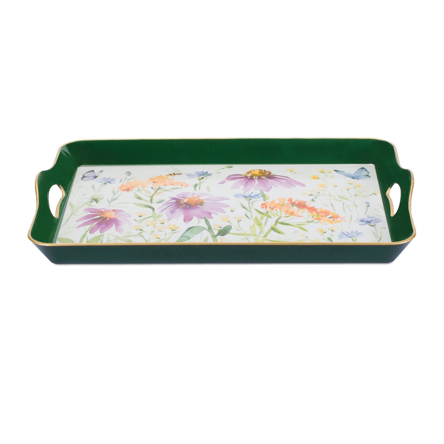17" Green And White Watercolor Floral Serving Tray With Handles - Loft&Timber