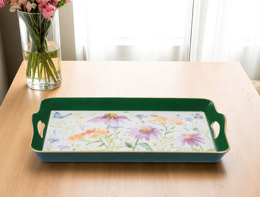 17" Green And White Watercolor Floral Serving Tray With Handles - Loft&Timber