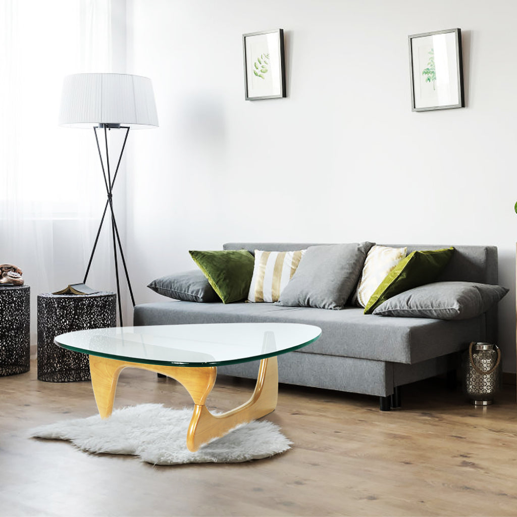 54" Clear and Natural Glass and Wood Triangle Abstract Coffee Table - Loft&Timber
