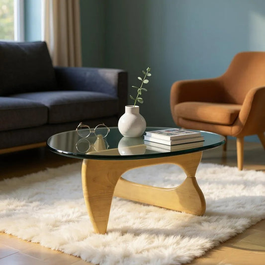54" Clear and Natural Glass and Wood Triangle Abstract Coffee Table - Loft&Timber