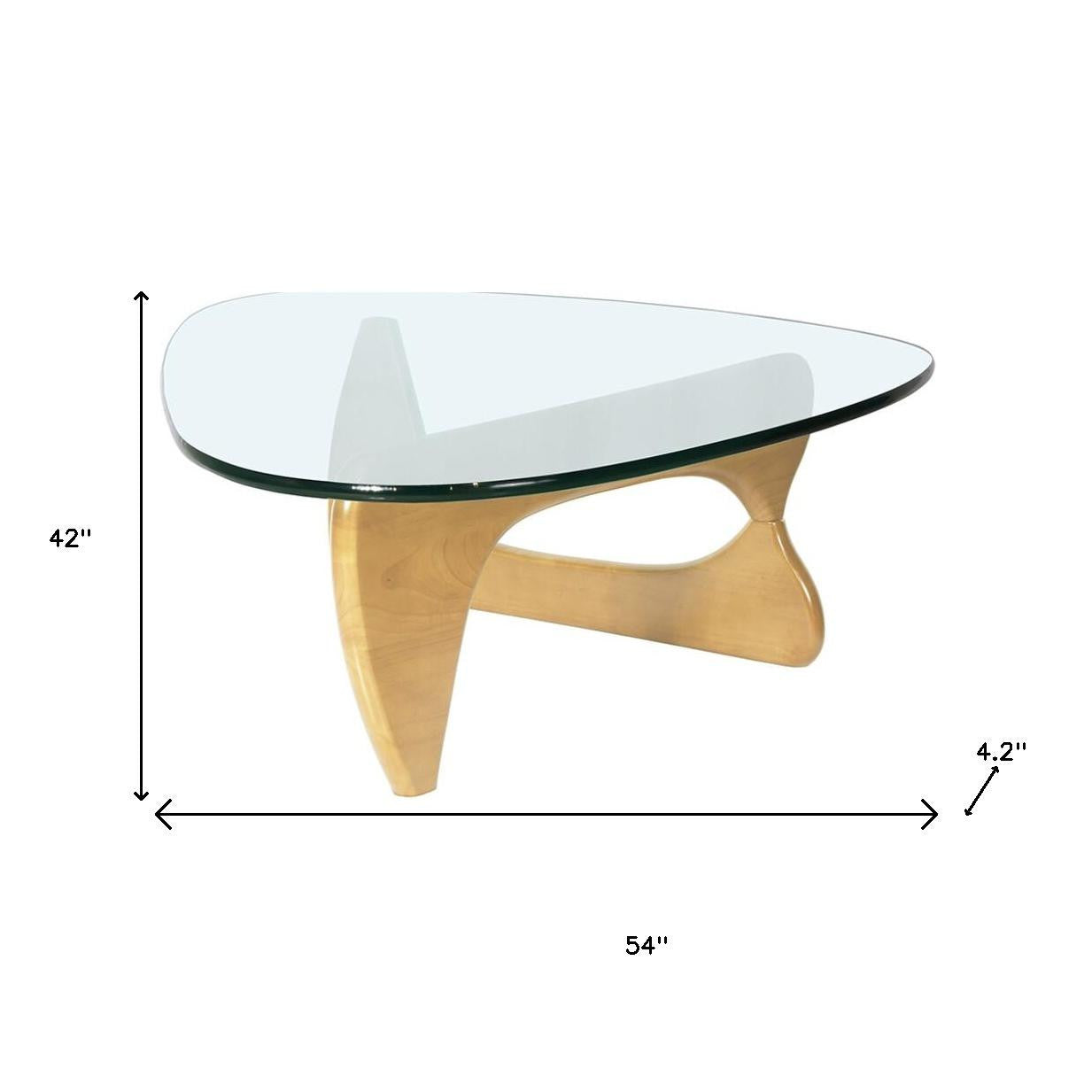 54" Clear and Natural Glass and Wood Triangle Abstract Coffee Table - Loft&Timber
