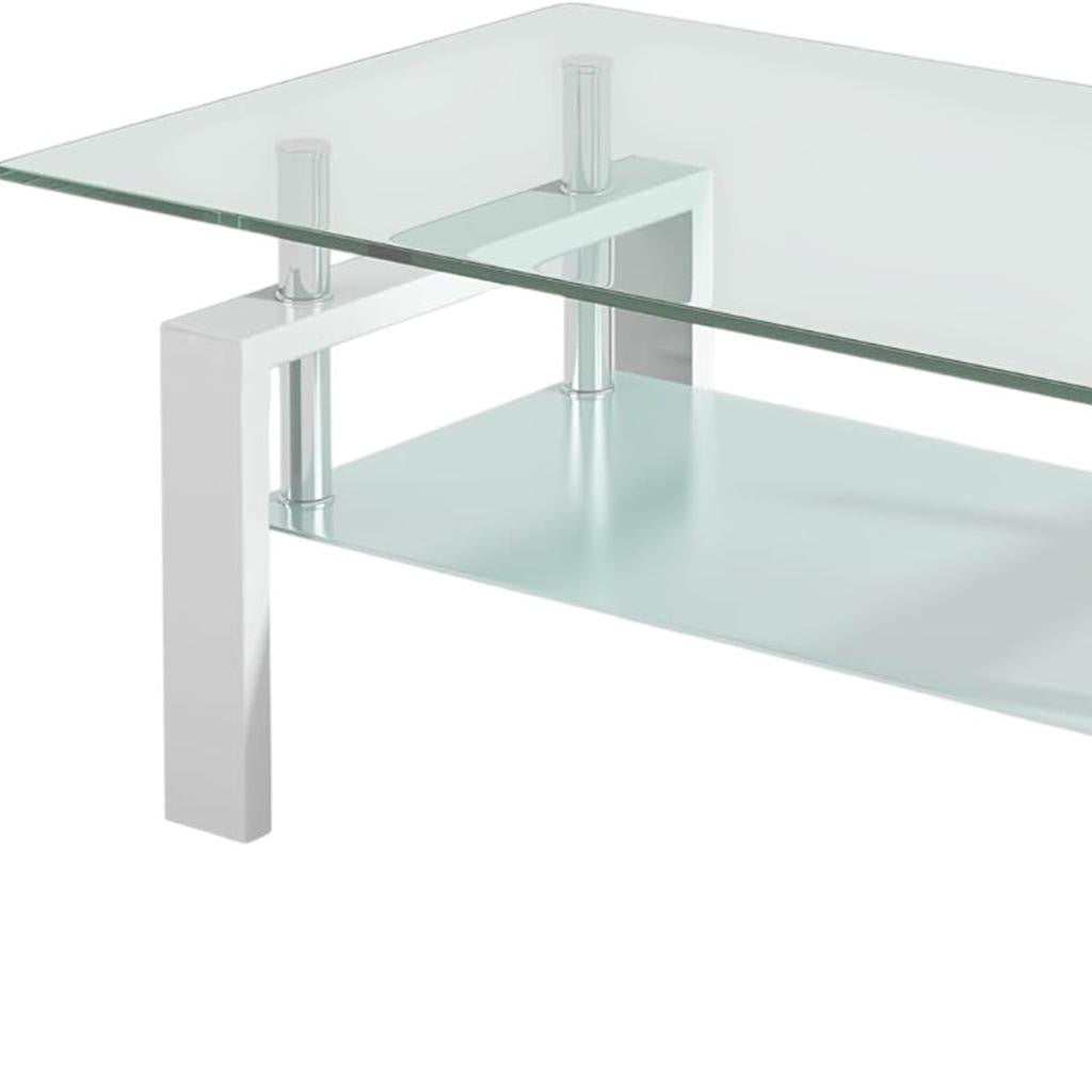39" Clear and White Glass and Steel Coffee Table With Shelf - Loft&Timber