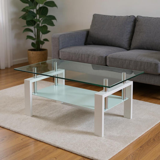 39" Clear and White Glass and Steel Coffee Table With Shelf - Loft&Timber