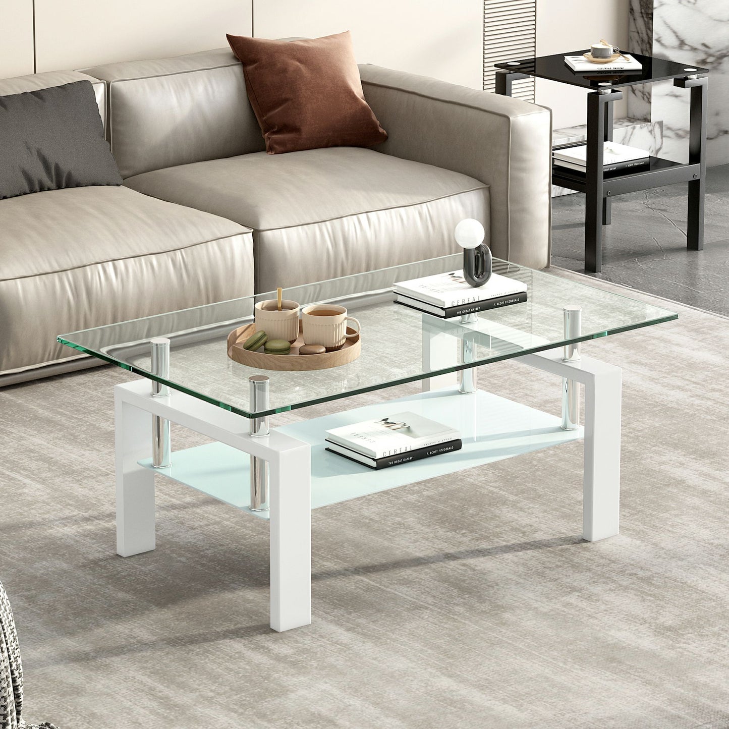 39" Clear and White Glass and Steel Coffee Table With Shelf - Loft&Timber