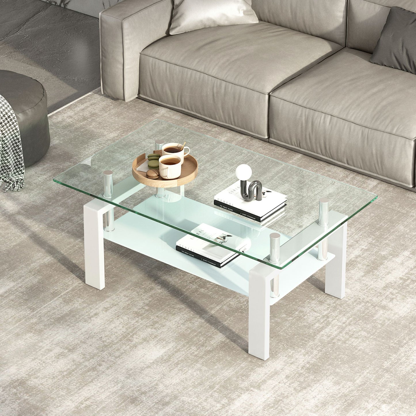 39" Clear and White Glass and Steel Coffee Table With Shelf - Loft&Timber