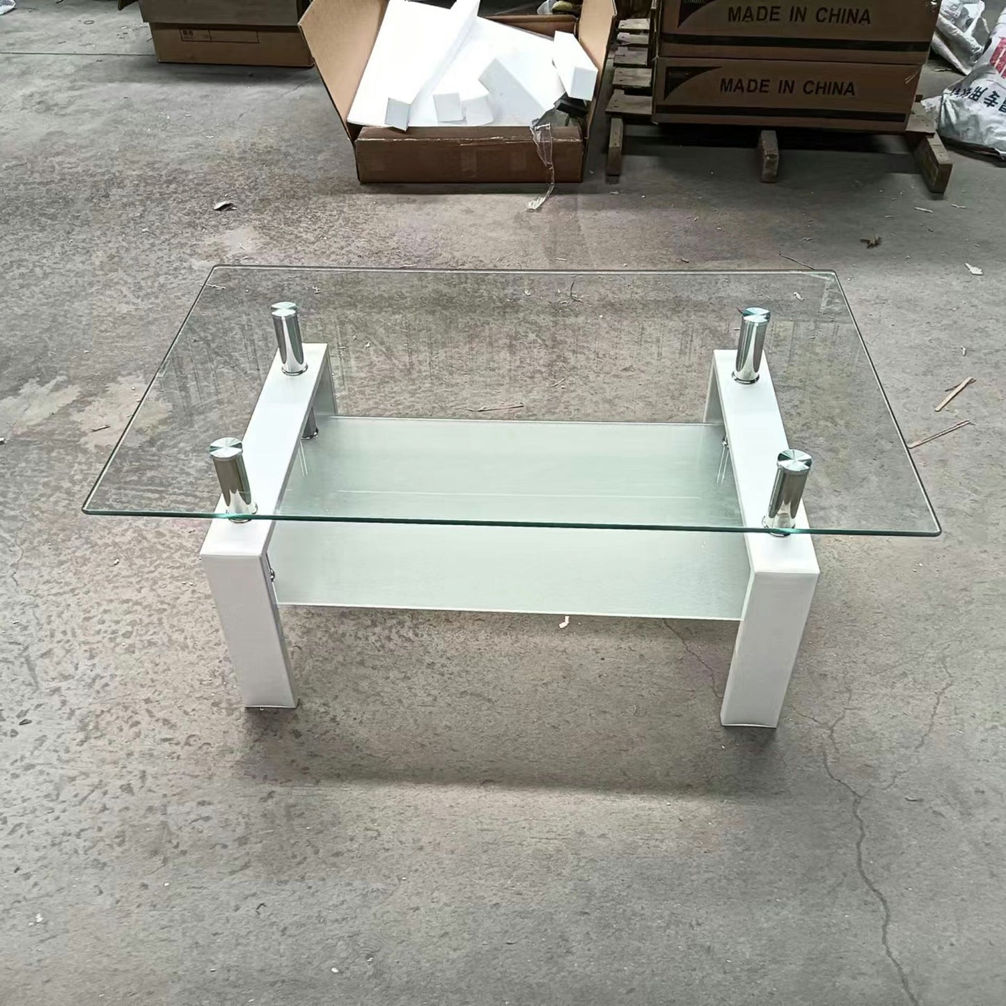 39" Clear and White Glass and Steel Coffee Table With Shelf - Loft&Timber
