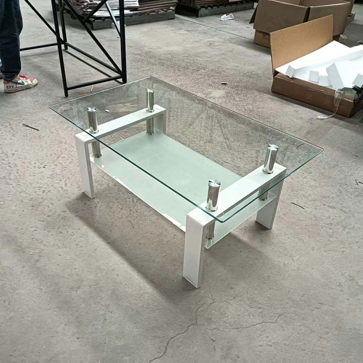 39" Clear and White Glass and Steel Coffee Table With Shelf - Loft&Timber