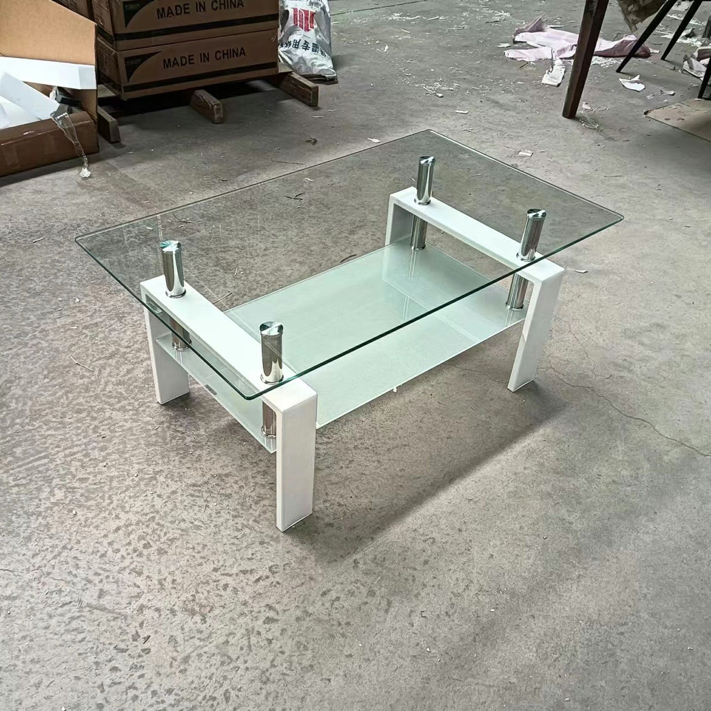 39" Clear and White Glass and Steel Coffee Table With Shelf - Loft&Timber