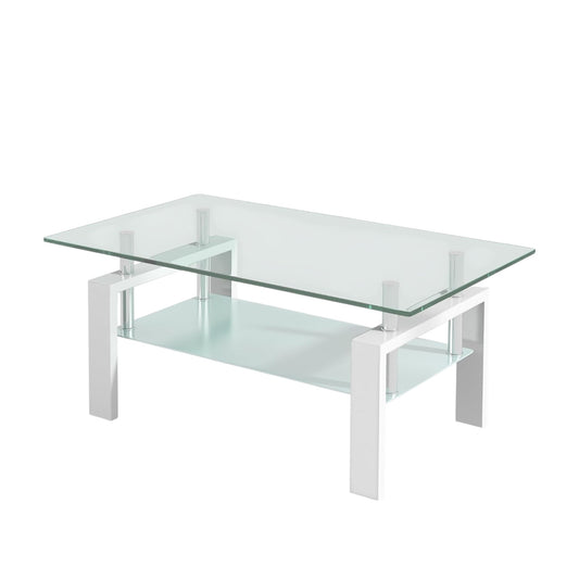 39" Clear and White Glass and Steel Coffee Table With Shelf - Loft&Timber