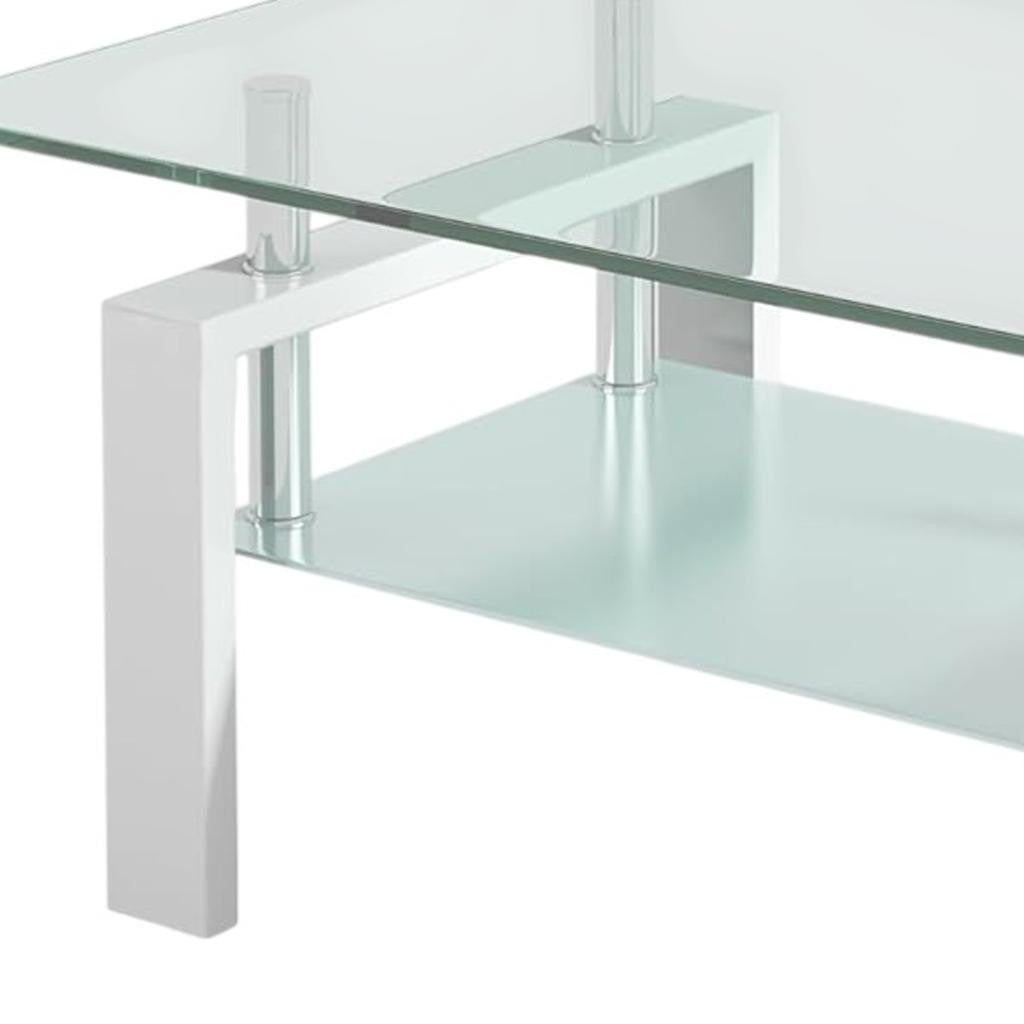 39" Clear and White Glass and Steel Coffee Table With Shelf - Loft&Timber