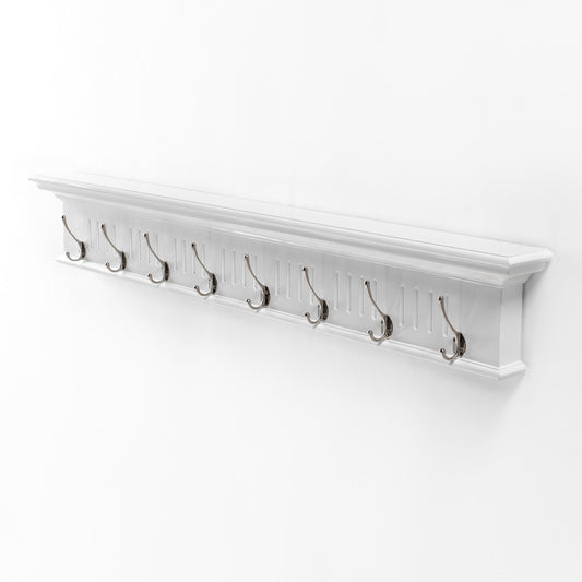 51" White Solid Wood Eight Hook Wall Mount Coat Rack-0