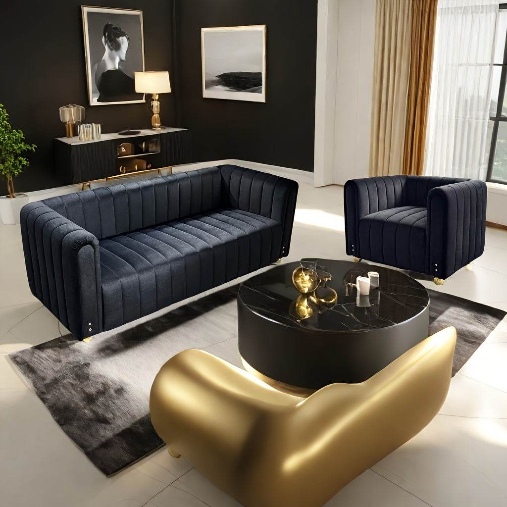 2-Piece Black Velvet Sofa Set With Golden Metal Legs - Loft&Timber
