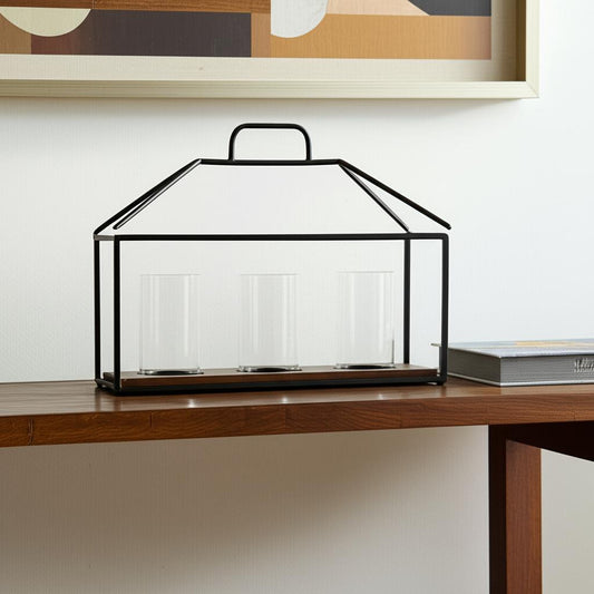 15" Black Metal Glass And Wood Geometric Three Light Hurricane Candle Holder - Loft&Timber