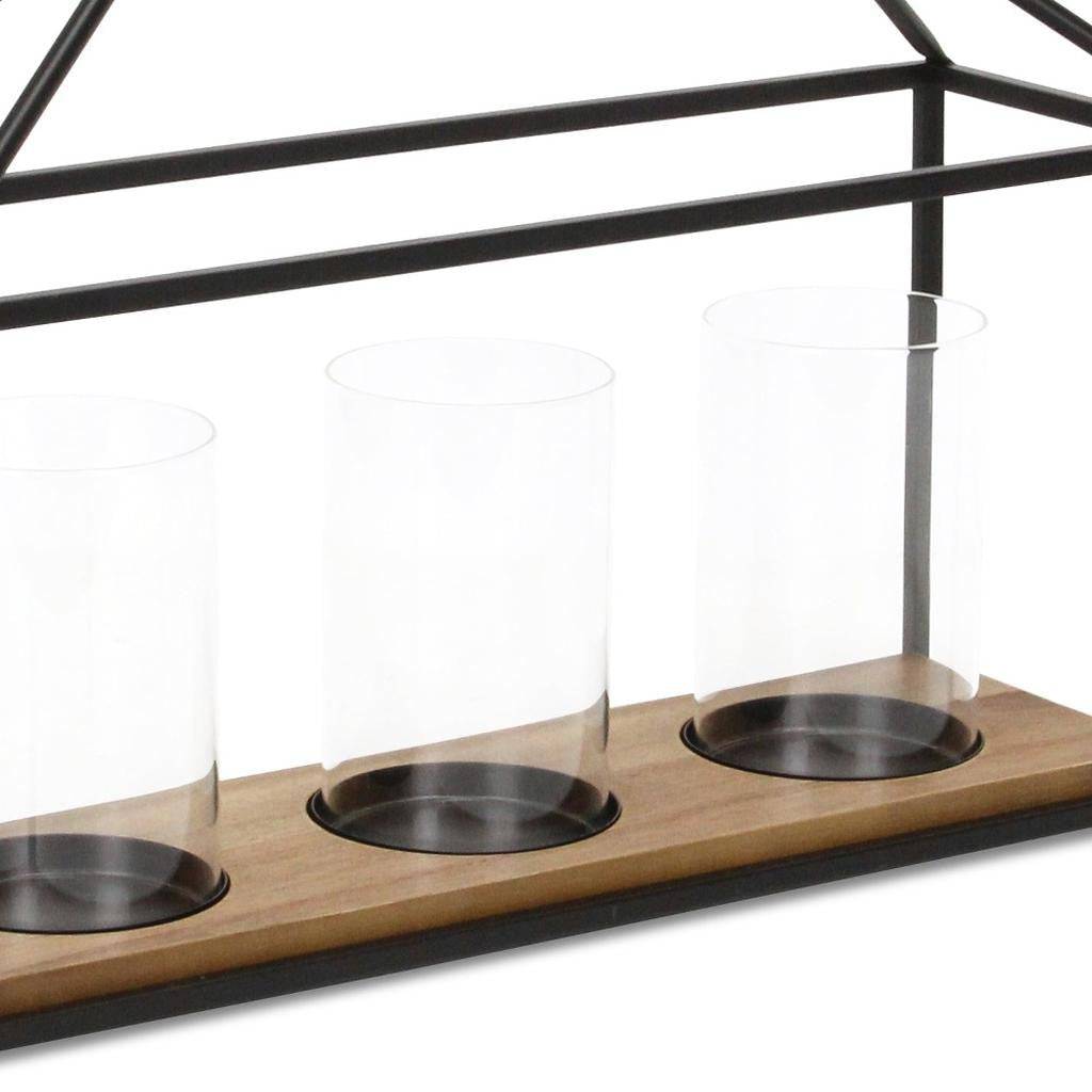 15" Black Metal Glass And Wood Geometric Three Light Hurricane Candle Holder - Loft&Timber