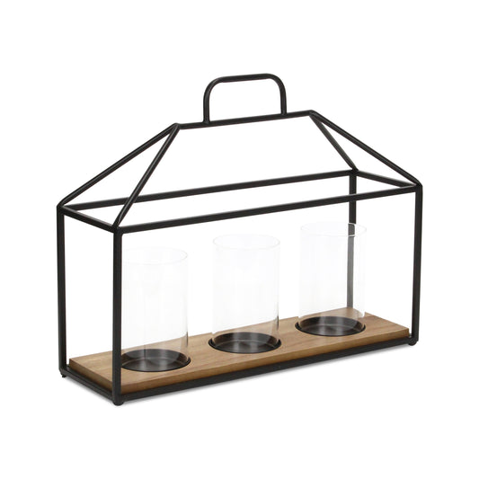 15" Black Metal Glass And Wood Geometric Three Light Hurricane Candle Holder - Loft&Timber