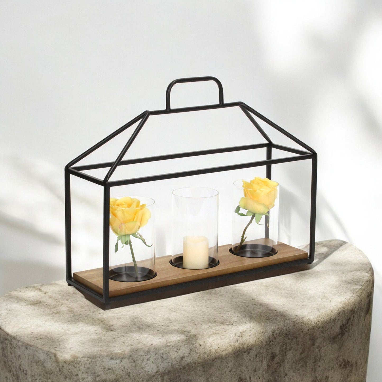 15" Black Metal Glass And Wood Geometric Three Light Hurricane Candle Holder - Loft&Timber